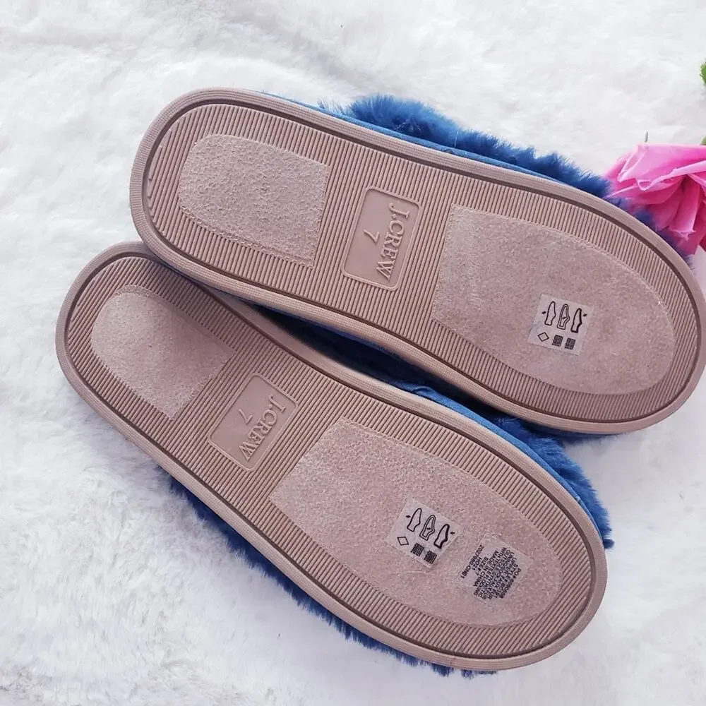 J. Crew Faux Fur House Slippers Navy Blue Plush Fuzzy Hard Sole NEW Women's 7
